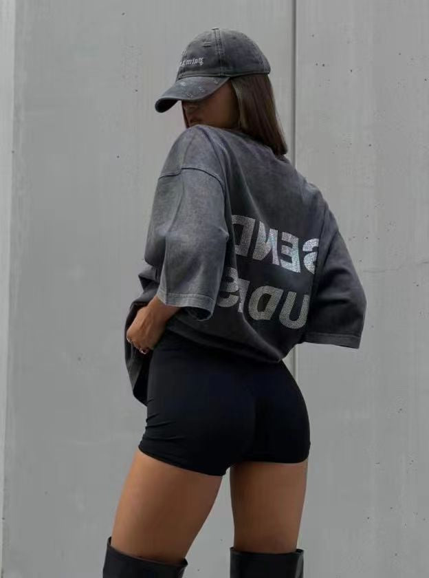 American-style Retro Washed Cotton Letter Rhinestone Short Sleeve Top