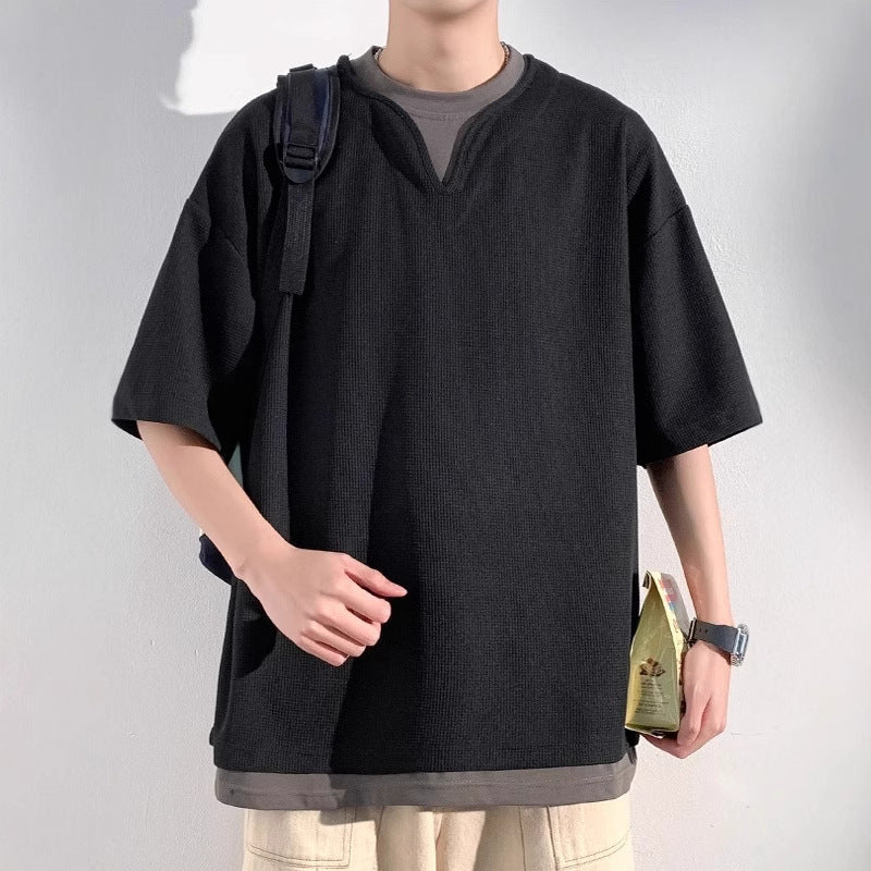 Henry Collar Fake Two Pieces Short Sleeve T-shirt Trendy Men Summer