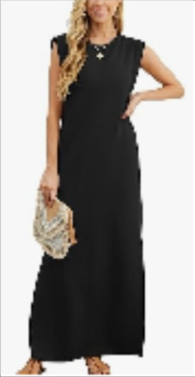 Women Summer Round Neck Casual Loose Split Wrinkle-Free Long Maxi Beach Dress With Pockets