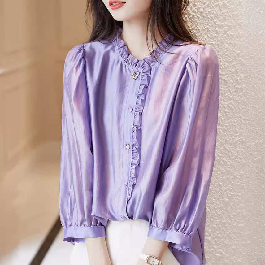 Nine-quarter Sleeve Shirt Women's Puff Sleeve Thin Solid Color Top