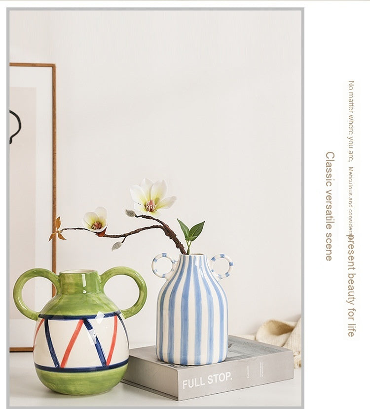 Striped Binaural Ceramic Vase Cute Smiling Face Decorative Decoration Pottery Pot