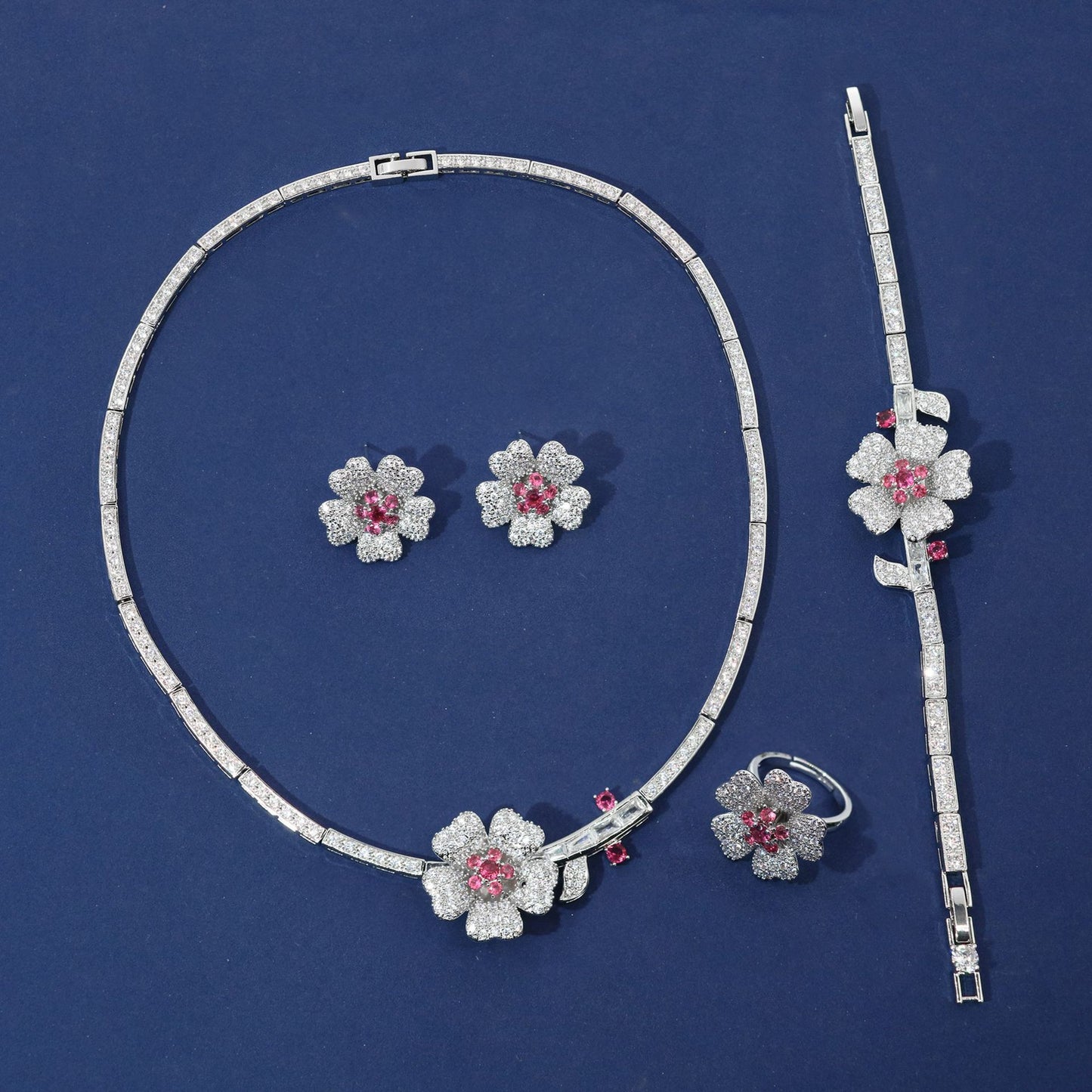 Flower Zircon Necklace Ear Bracelet Ring Car Accessories