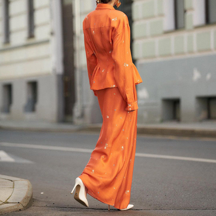 Printed Long-sleeved Shirt Fishtail Skirt Suit