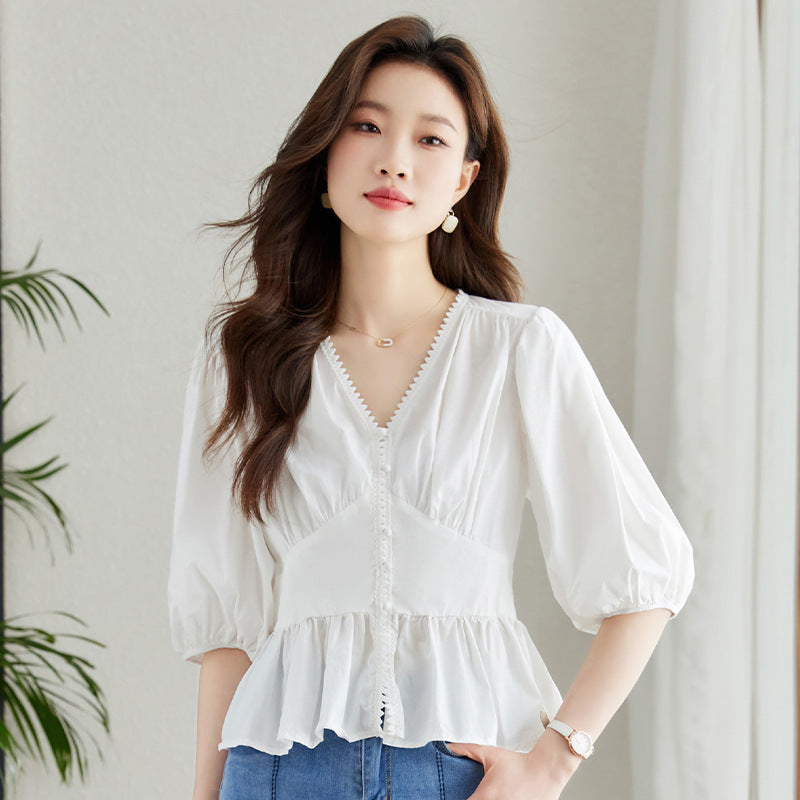Short-sleeved Shirt Women's Summer Top Niche V-neck