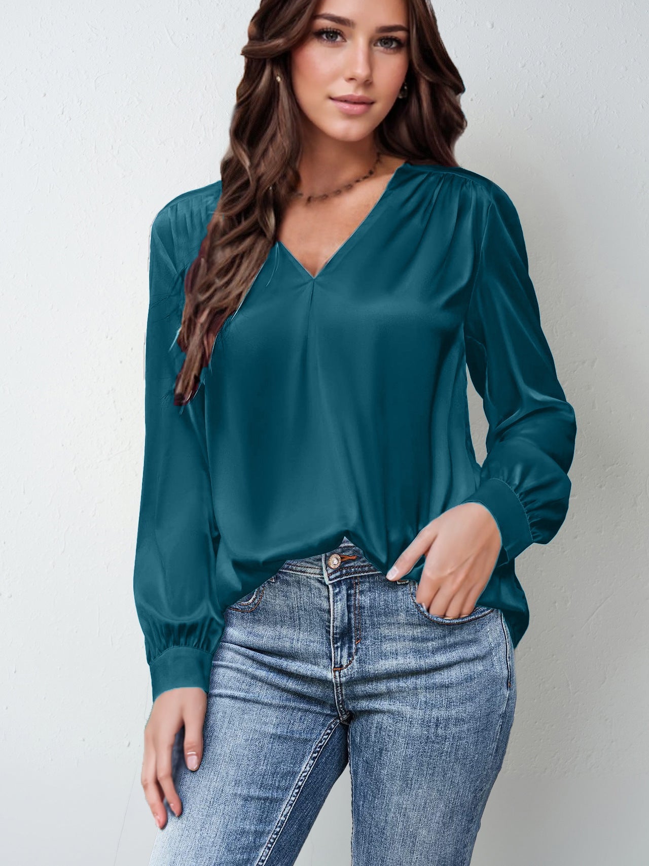 Satin Pleated Long-sleeved Top V-neck Casual Loose Shirt