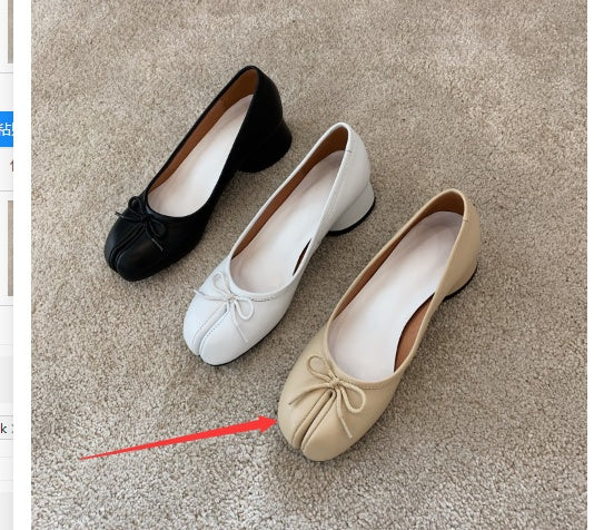 Pig's Hoof Toe Layer Cowhide Single Shoe With Thick Heel And Middle Heel