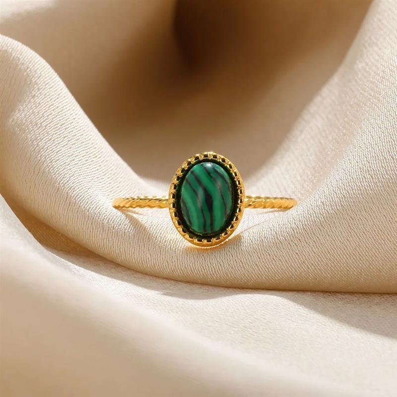 Stainless Steel Green Natural Stone Ring For Women Vintage