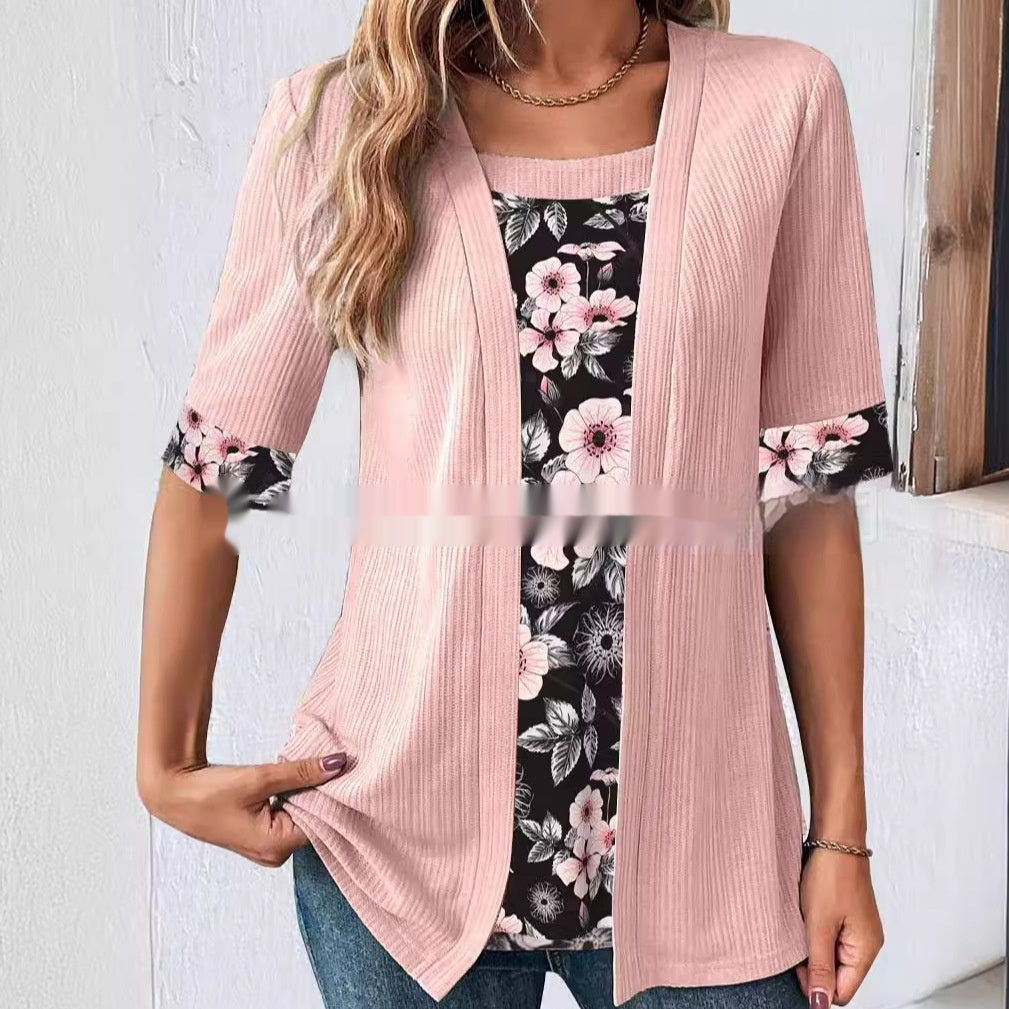 Women's Fake Two Pieces Short Sleeve Printed Top T-shirt