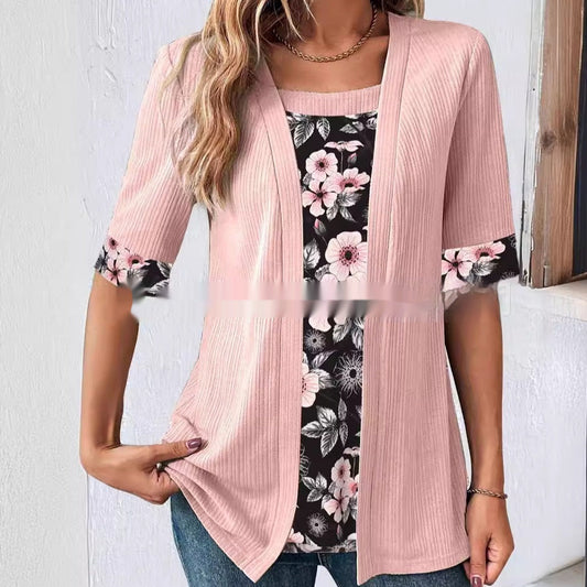 Women's Fake Two Pieces Short Sleeve Printed Top T-shirt