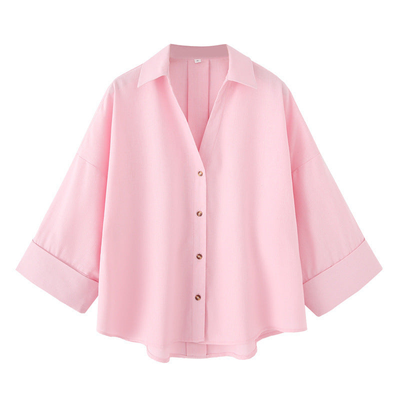 Linen Blended Wide Sleeve V-neck Temperament Shirt