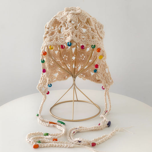 Flower Tassel Knitted Hat Pure Cotton Handmade Colorful Beads Retro Hollow