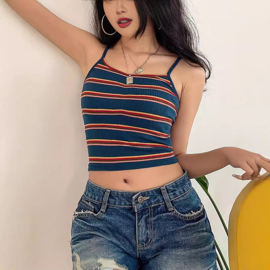 European And American Women's Clothing New Retro Contrast Color Striped Sexy Sling