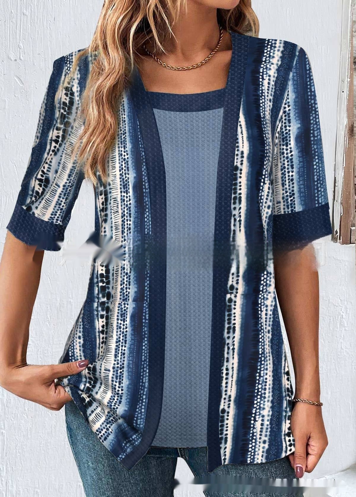 Women's Fake Two Pieces Short Sleeve Printed Top T-shirt