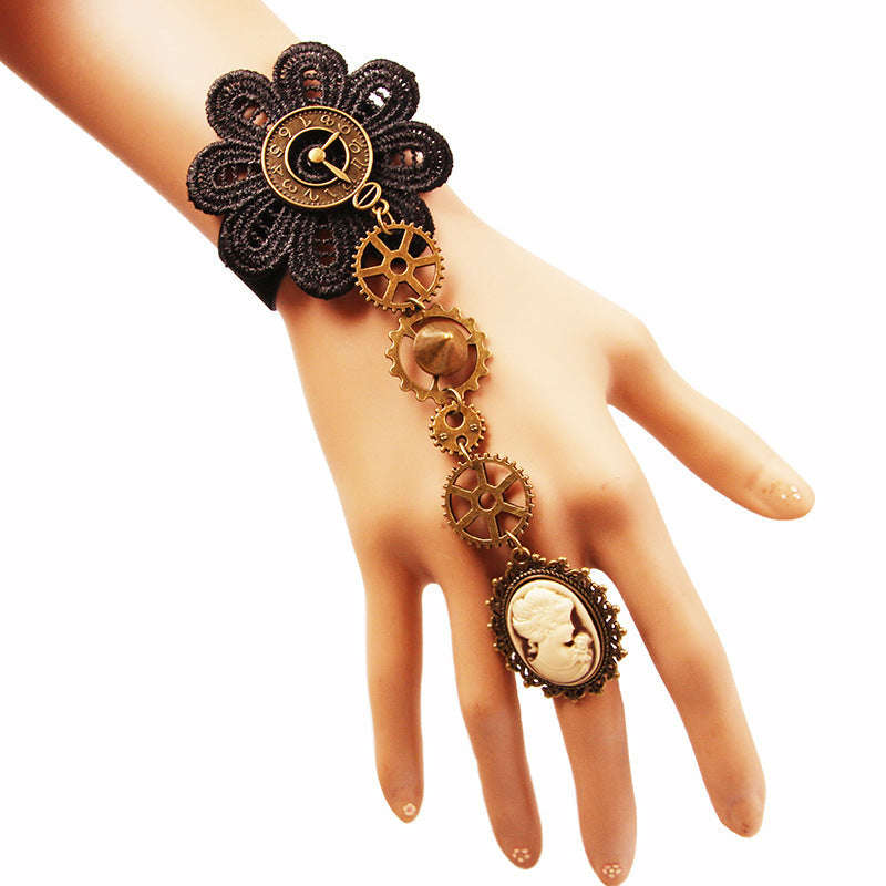 European And American Retro Lace Bracelet Women's Steam Engine Gear Hand Jewelry With Ring Cosplay Accessories S357
