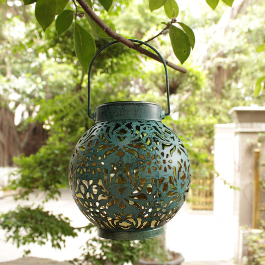 Solar Outdoor Courtyard Wrought Iron Hollow Projection Hanging Lamp