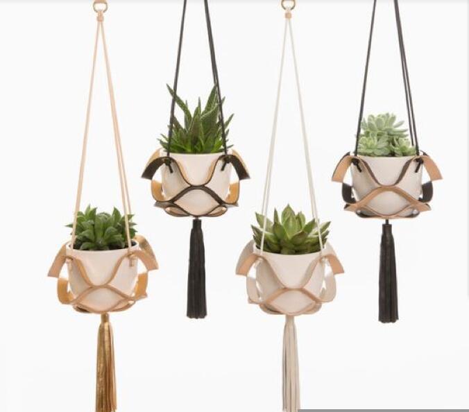 Leather Hanger Basket Macrame Planter â€?Boho Wall Hanging Flower Pot Holder