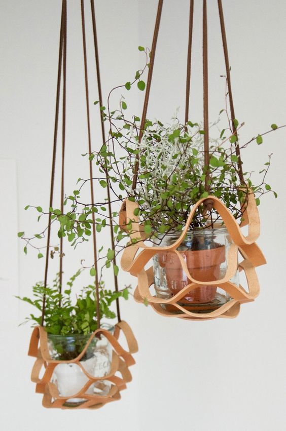 Leather Hanger Basket Macrame Planter â€?Boho Wall Hanging Flower Pot Holder