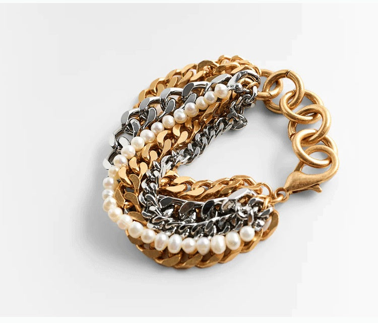 Women's Palace Pearl Bracelet Gold and Silver Mixed Color Multilayer Bracelet