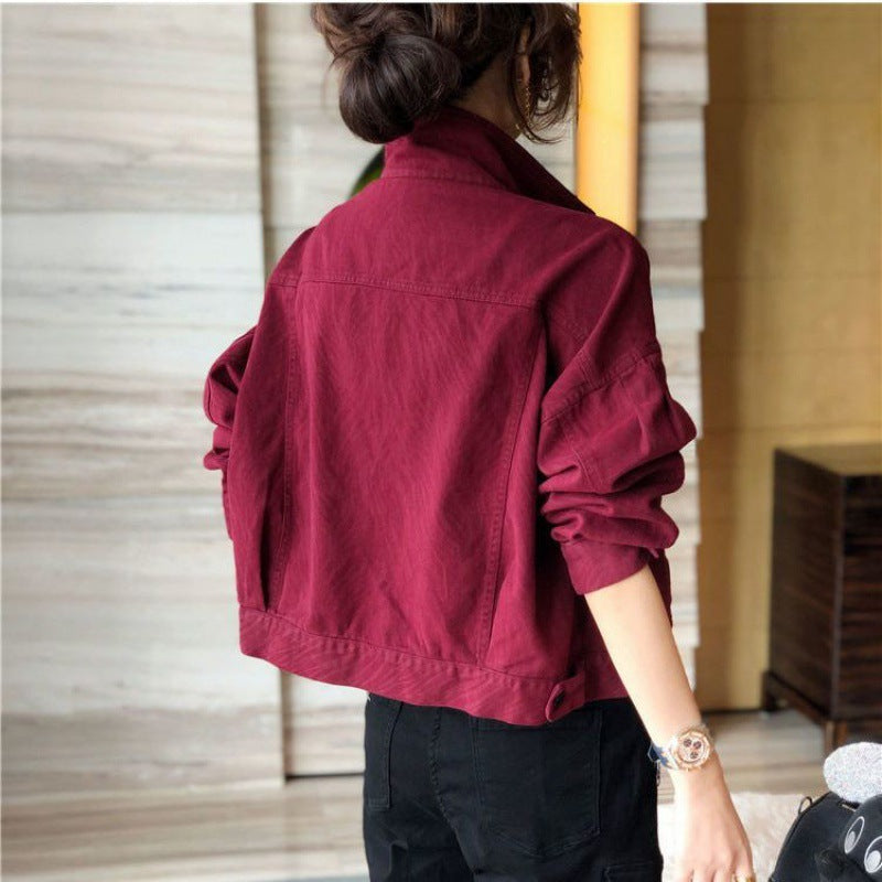Red Workwear Denim Jacket Women's Short Jacket Top