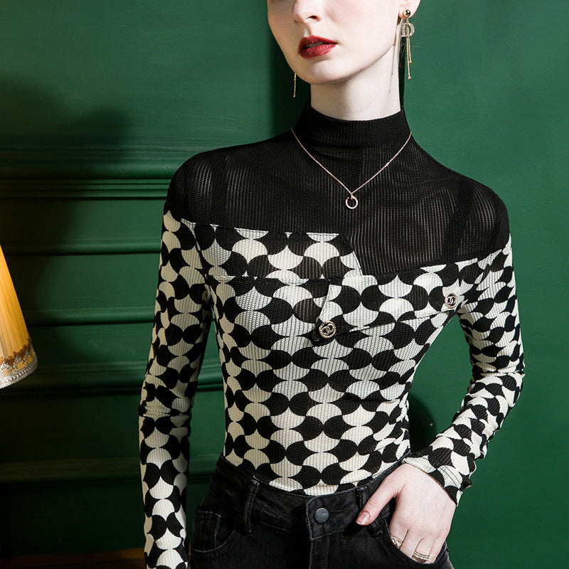 Women's Half-turtleneck Printed Stitching Bottoming Shirt