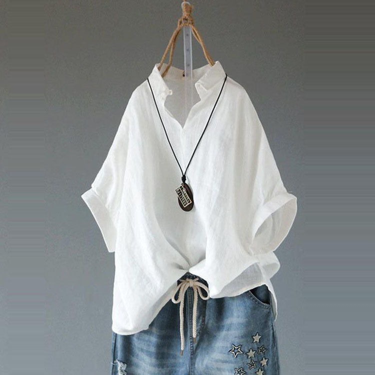 Stand Collar Loose Cotton Linen Solid Color Foreign Trade Women's Clothing Shirt