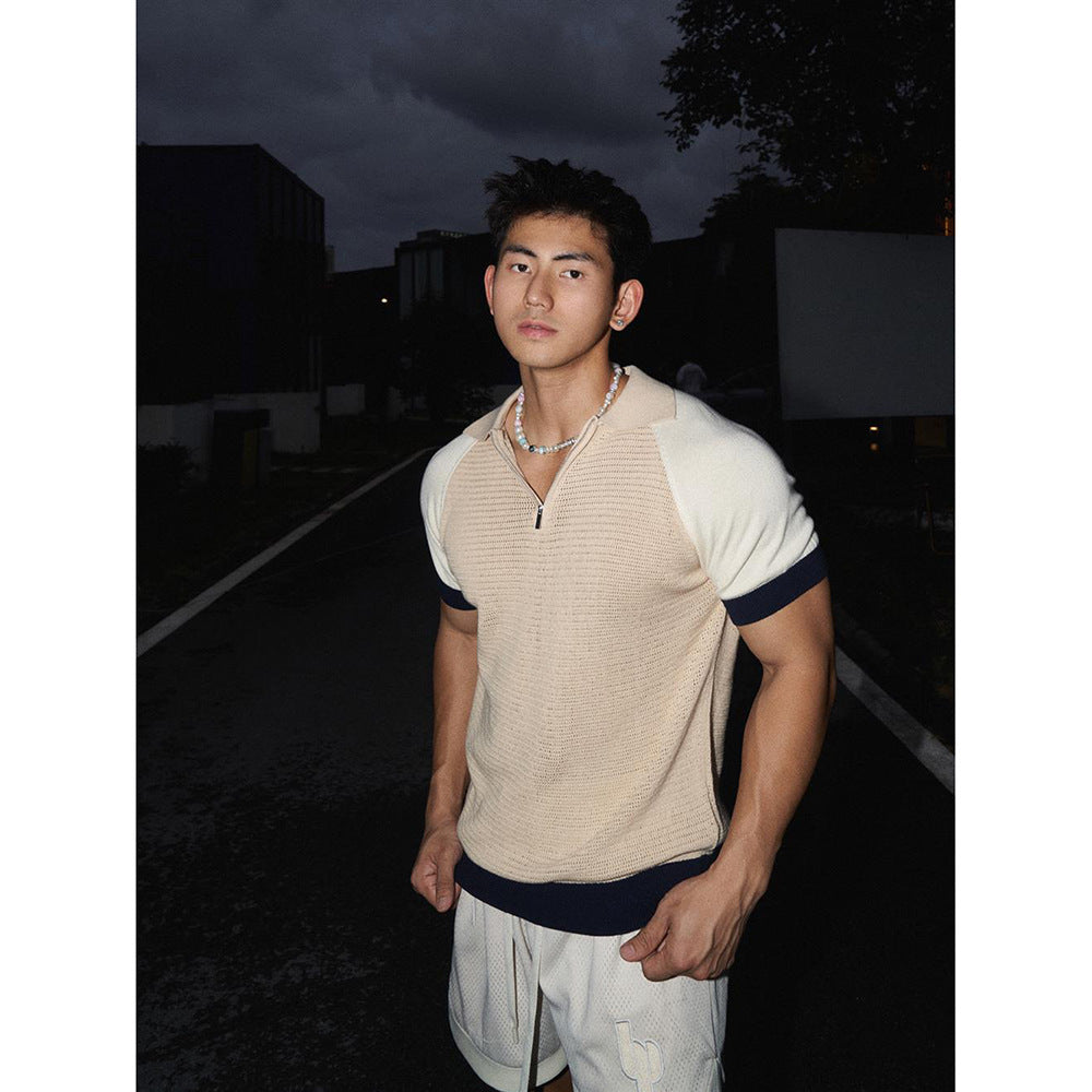 Raglan Sleeve Patchwork Knitting Lapel Short Sleeve Polo Shirt Men's T-shirt