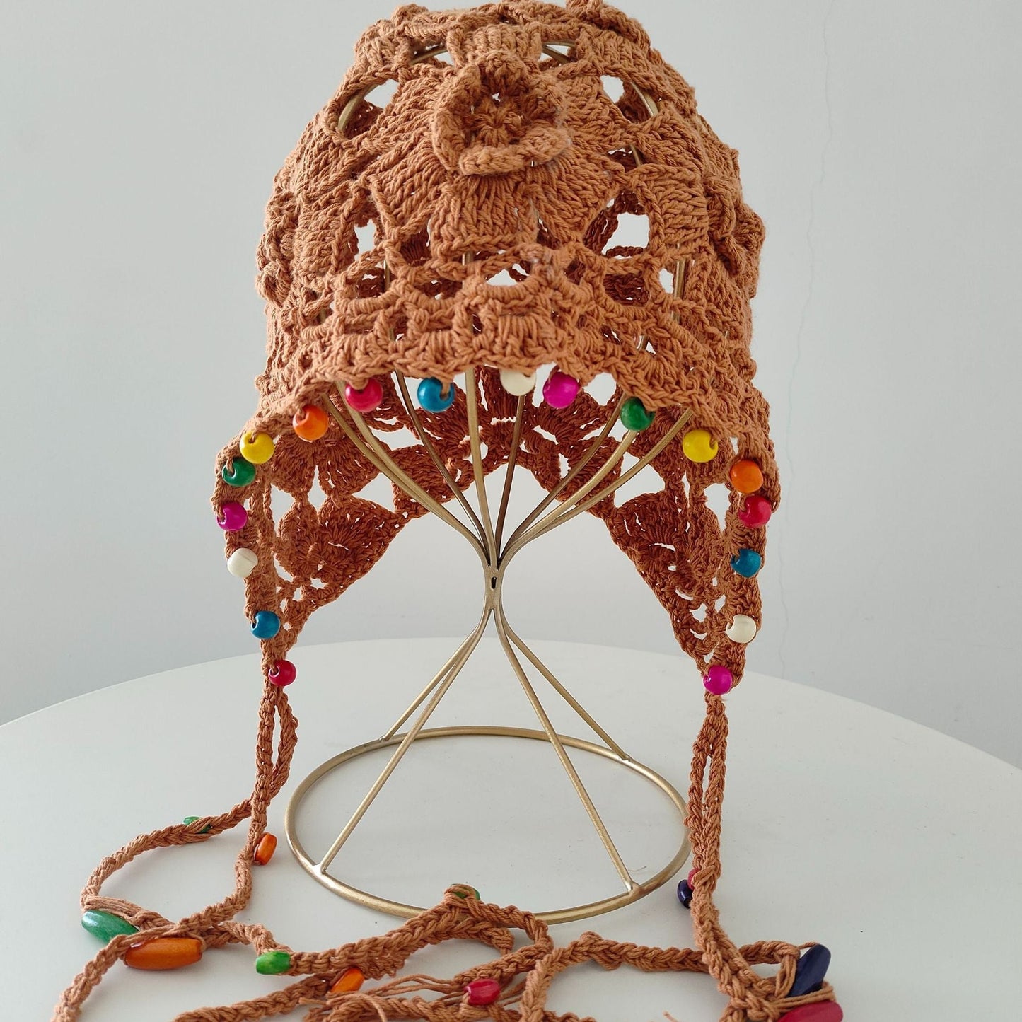 Flower Tassel Knitted Hat Pure Cotton Handmade Colorful Beads Retro Hollow