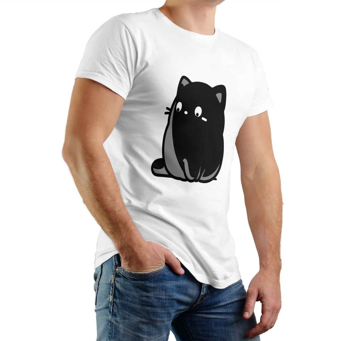 Fat Cat Men's Pure Cotton T-shirt - Casual Round Neck, Slightly Elastic, Suitable For Four Seasons Knitted Fabric, Classic Fit Adult Shirt, Pet Couple Shirt