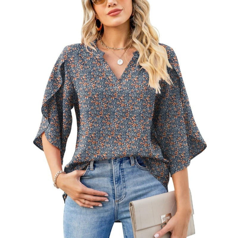 Summer And Autumn New Women's Top Loose V-neck Petal Sleeve Chiffon Printed Women's Shirt