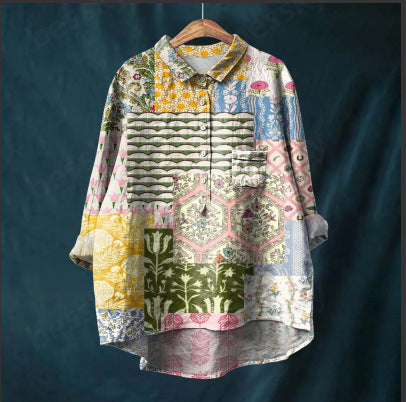 Chinese Style Bamboo Linen Printed Fashion Polo Collar Shirt