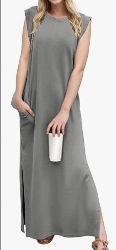 Women Summer Round Neck Casual Loose Split Wrinkle-Free Long Maxi Beach Dress With Pockets