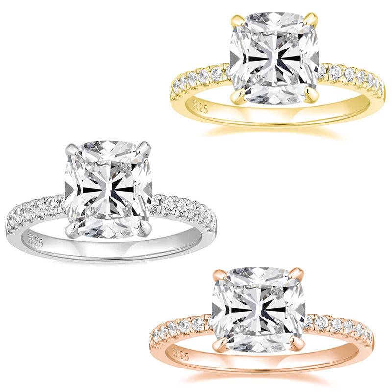 Four-claw Pillow-shaped 4 Karat Zircon 925 Silver Diamond Ring