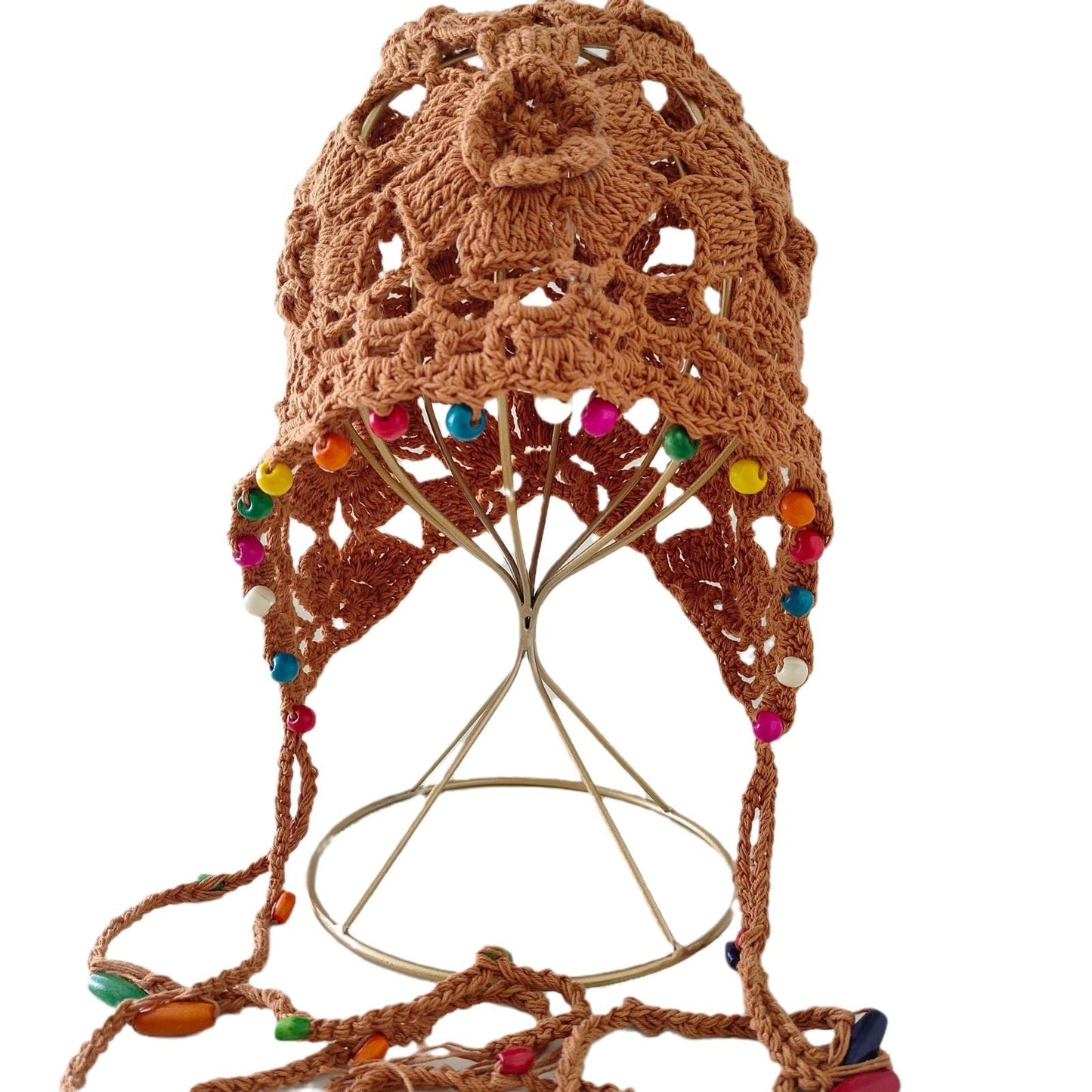 Flower Tassel Knitted Hat Pure Cotton Handmade Colorful Beads Retro Hollow