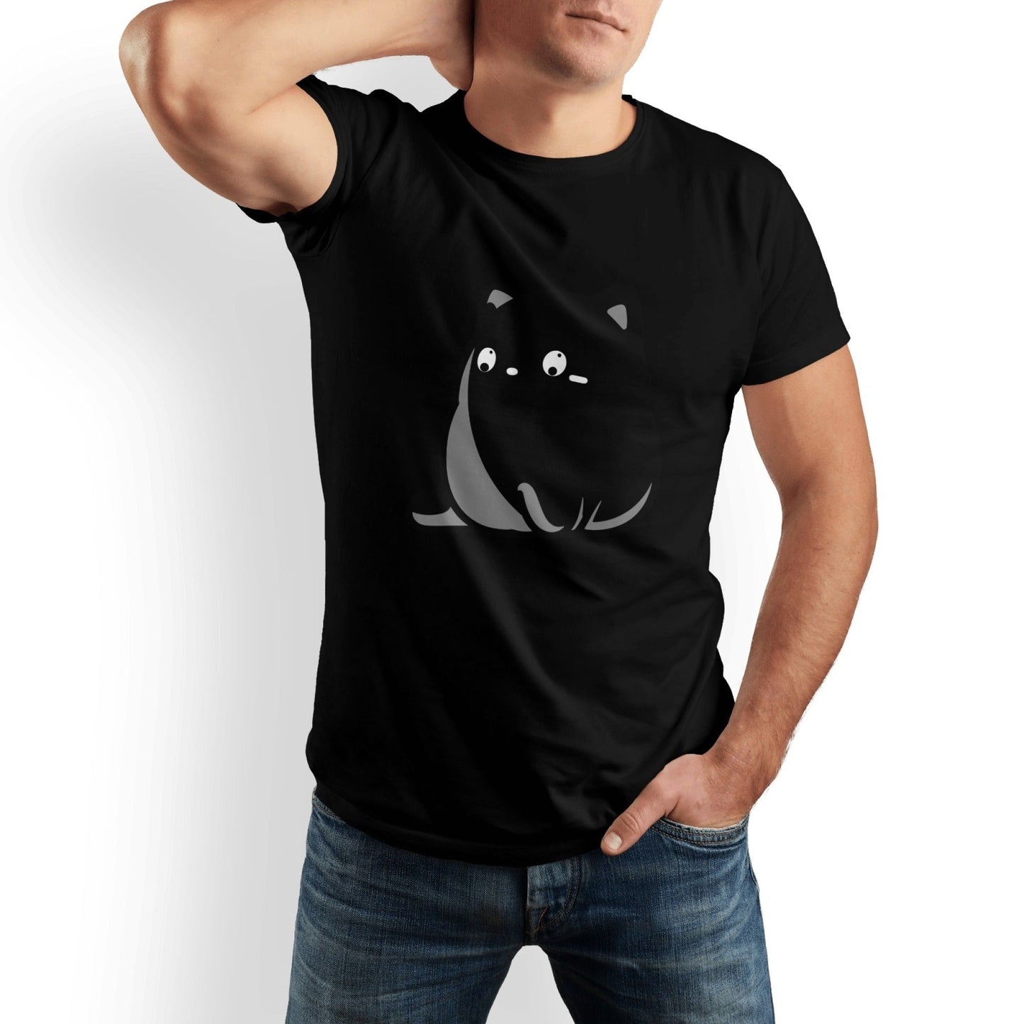 Fat Cat Men's Pure Cotton T-shirt - Casual Round Neck, Slightly Elastic, Suitable For Four Seasons Knitted Fabric, Classic Fit Adult Shirt, Pet Couple Shirt