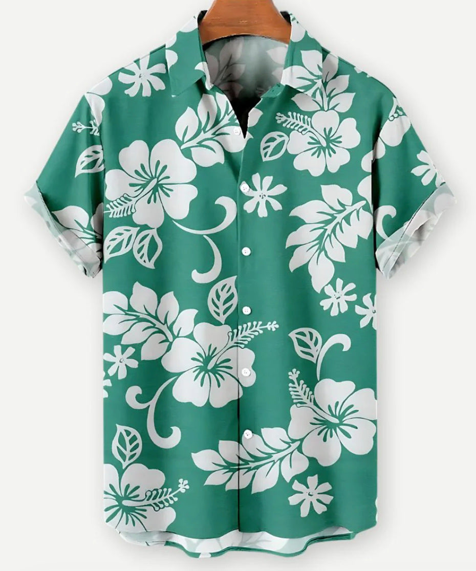 European And American Hawaiian Casual Floral Print Men's Lapel Shirt Short Sleeve