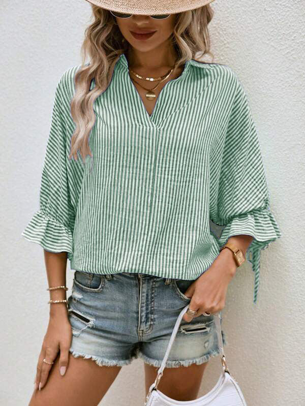 Spring And Summer Striped Flared Batwing Sleeve 34 Sleeve Back Slit V-neck Casual Shirt