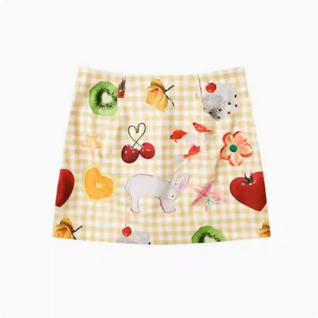 Fruit Print Yellow High Waist Slimming Short Skirt For Women