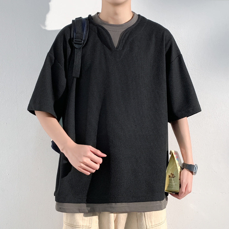 Henry Collar Fake Two Pieces Short Sleeve T-shirt Trendy Men Summer