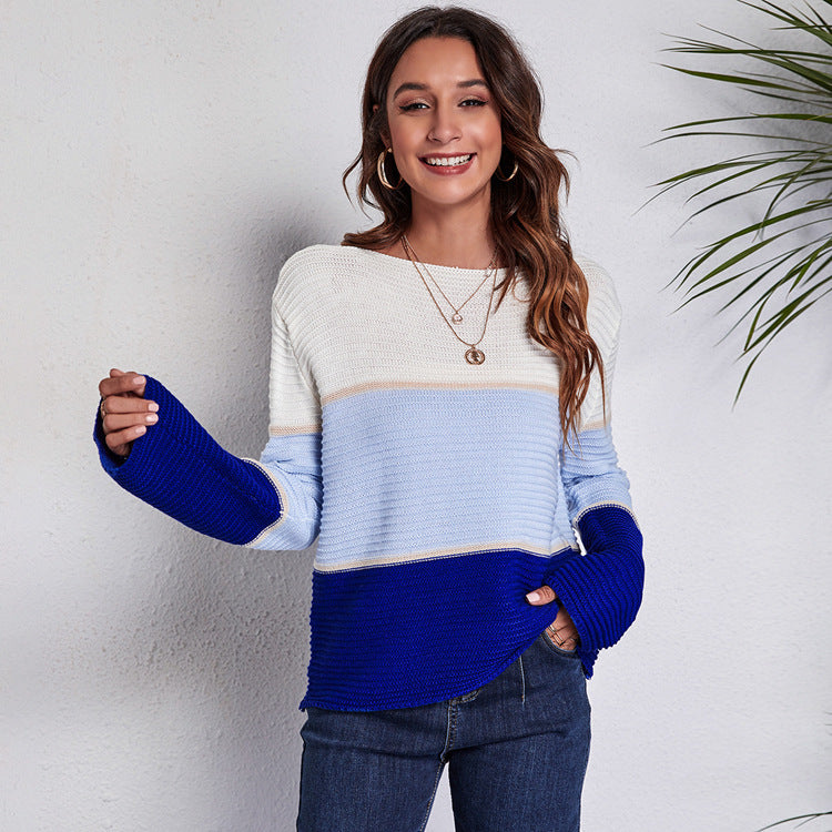 Contrast Color Large Striped Off-neck Knitted Sweater