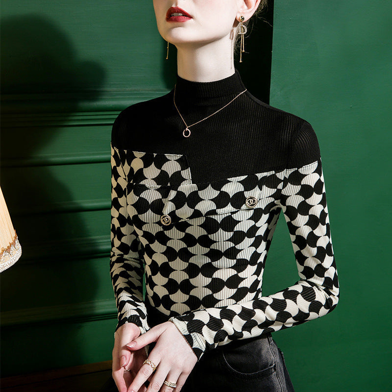 Women's Half-turtleneck Printed Stitching Bottoming Shirt