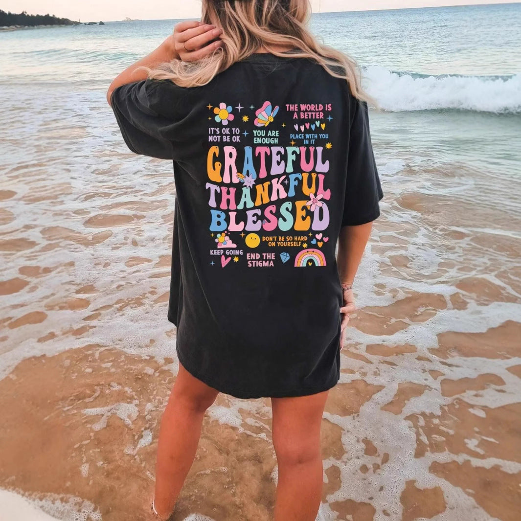 2D Printed Thanksgiving Element All Cotton T-shirt Loose Short Sleeve