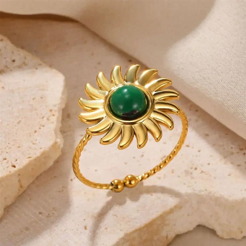 Stainless Steel Green Natural Stone Ring For Women Vintage
