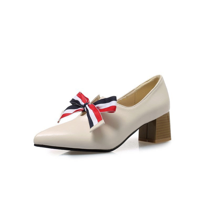 Thick heel bowknot single shoe