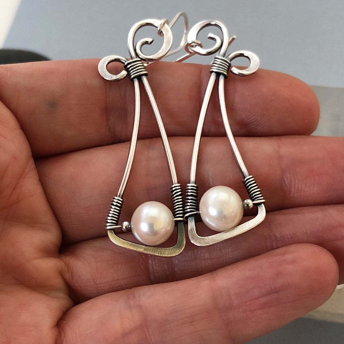 Vintage Silver Dangle Earrings Section With Pearl
