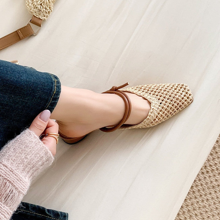 Women's French Style Square Toe Outdoor Hollow-out Breathable Retro Thick Heel Toe Box Half Slippers