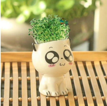 Children Planting Small Potted Plants Decoration Desktop Cute Cat Doll DIY Long Grass Plant