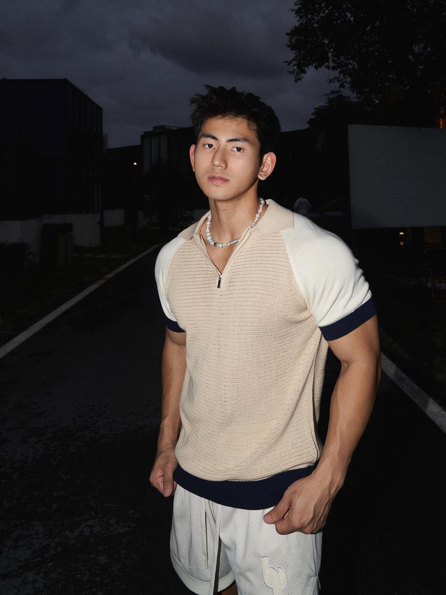 Raglan Sleeve Patchwork Knitting Lapel Short Sleeve Polo Shirt Men's T-shirt