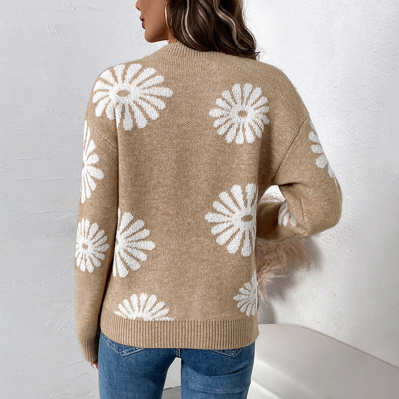 Women's Long Sleeve Round Neck Flower Sweater Loose