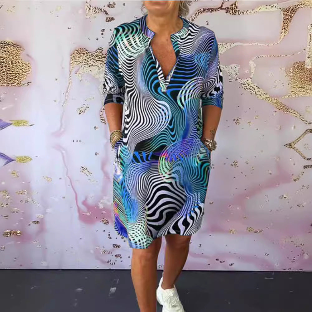 Middle-sleeve Floral-print V-neck Dress