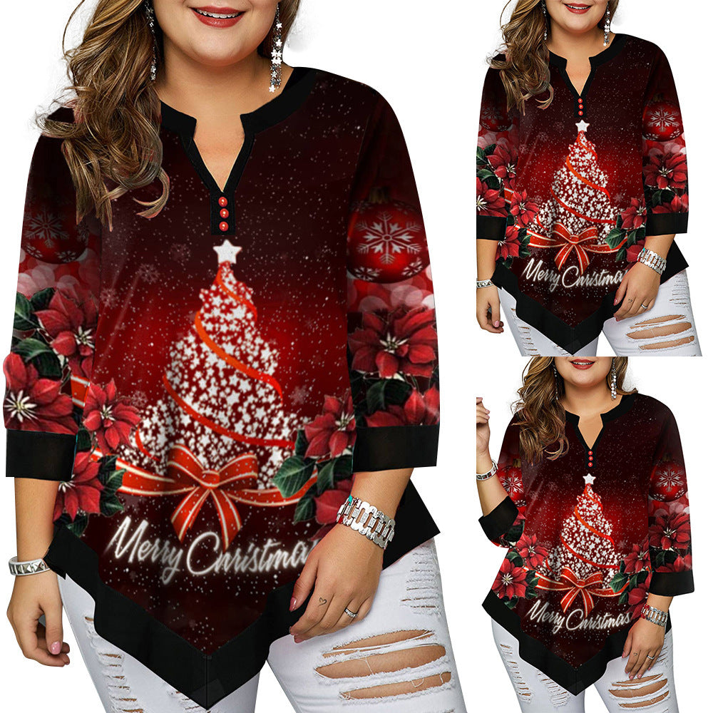 Women's V-neck Shirt Positioning T-shirt Christmas